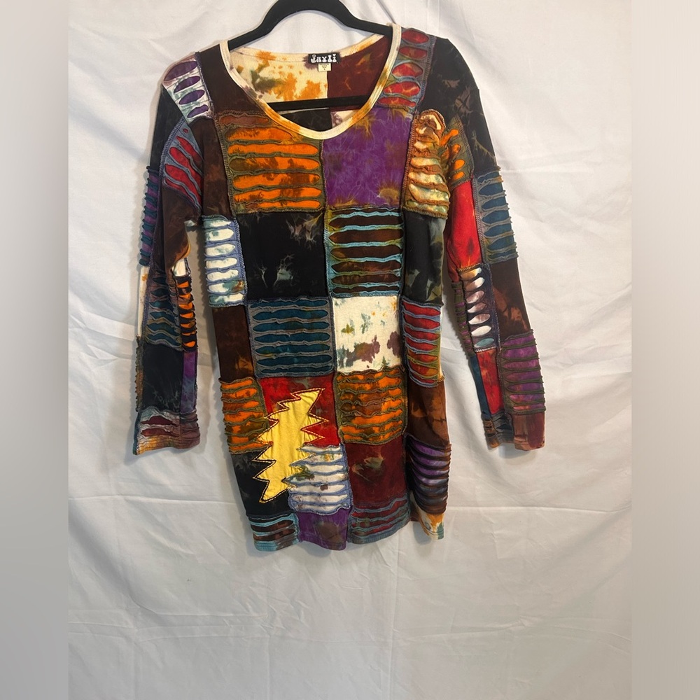 Grateful Dead Patchwork Mini Dress – Lightning Bolt Appliqué- boho – Size Small